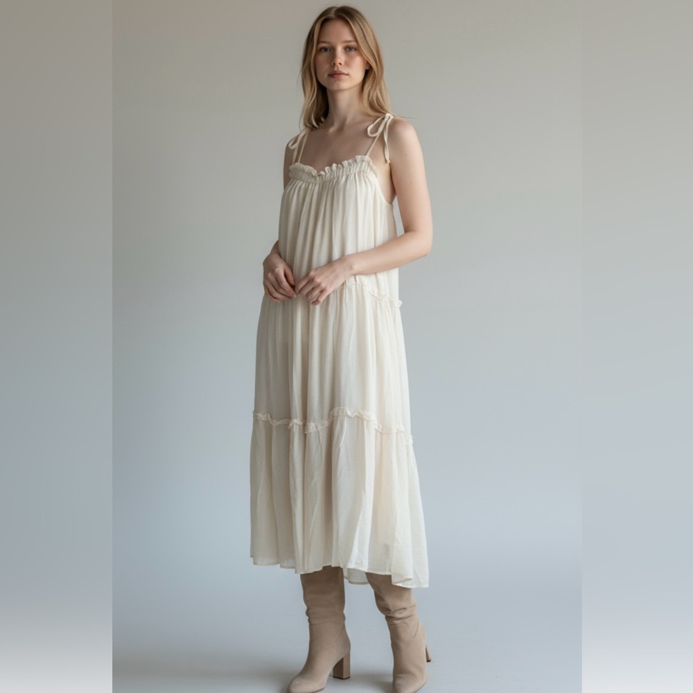 &Merci Kathleen Boho Tired Shoulder Ties Elegant Cream Maxi Dress - Picture 2 of 12